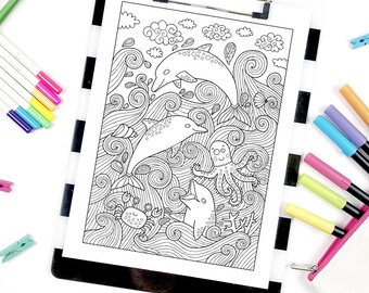 Adult coloring page: Dolphins. Doodle art, DIY coloring poster, printable pdf, instant download