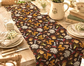 Mushroom Pattern Table Runner | Forest Fungi Fall Dining Decor (cotton twill or polyester)