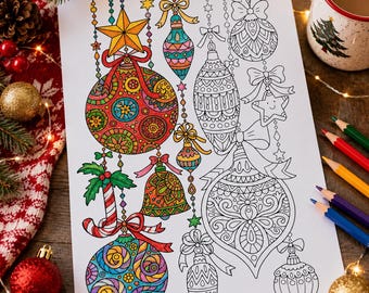 Christmas Coloring Page for Adults, Printable Christmas Ornaments Coloring Sheet, Holiday Coloring Page, Festive Instant Download