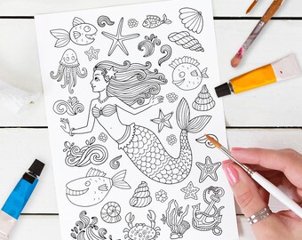 Adult coloring page: Mermaid and the sea world. Doodle art, DIY coloring poster, printable pdf, instant download