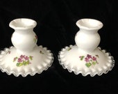 Pair Fenton Violets Snow in the Mountain Candlesticks Candle Holders Silver Crest Two