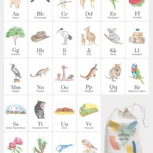 Puede incluir: Un gr&aacute;fico de alfabeto colorido con animales y lugares emblem&aacute;ticos de Australia. Cada letra se empareja con una ilustraci&oacute;n y una palabra, como "Aa Alpaca" y "Bb Boomerang". El gr&aacute;fico est&aacute; rodeado por un borde blanco y tiene un fondo gris claro.