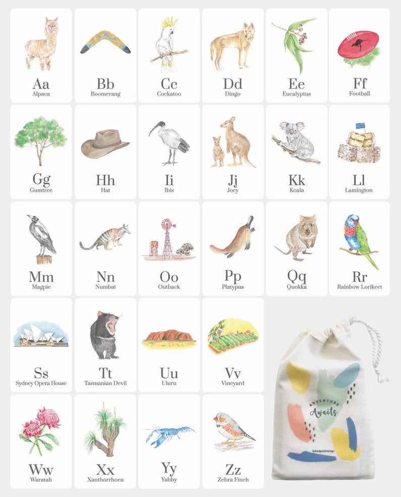 Puede incluir: Un gr&aacute;fico de alfabeto colorido con animales y lugares emblem&aacute;ticos de Australia. Cada letra se empareja con una ilustraci&oacute;n y una palabra, como "Aa Alpaca" y "Bb Boomerang". El gr&aacute;fico est&aacute; rodeado por un borde blanco y tiene un fondo gris claro.