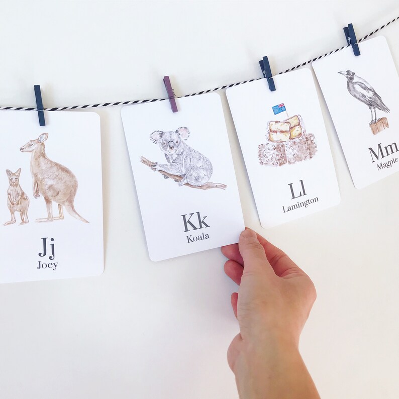 Puede incluir: Un conjunto de tarjetas did&aacute;cticas con animales y alimentos australianos. Las tarjetas est&aacute;n colgadas de una cuerda con pinzas. Las tarjetas muestran un joey y un canguro, un koala, un lamington y una urraca.