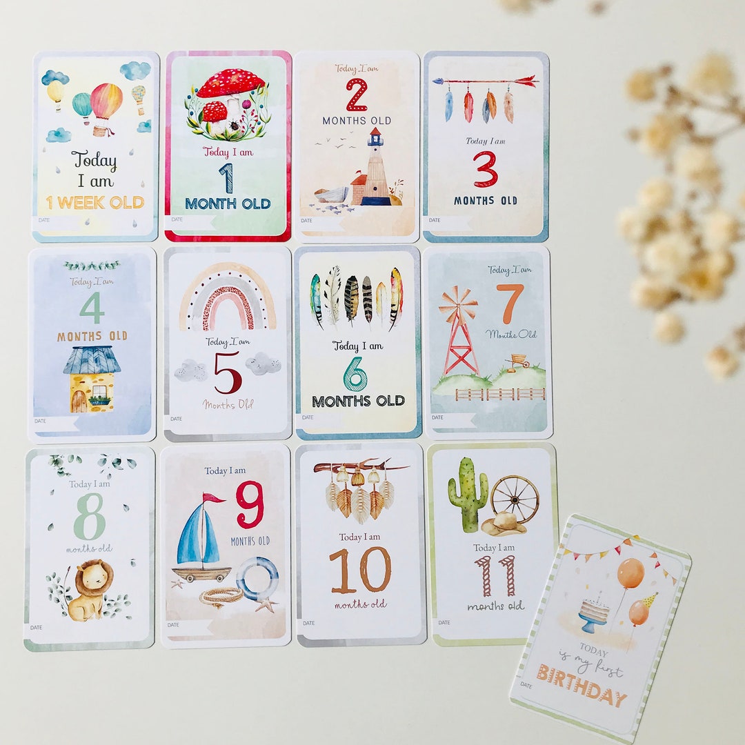 Watercolour Themed Baby Milestone Cards Set | Illustration Announcement ...
