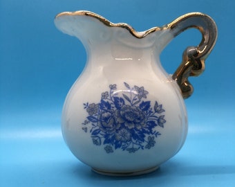 Blue and White Gold Trim Vintage Mini Pitcher