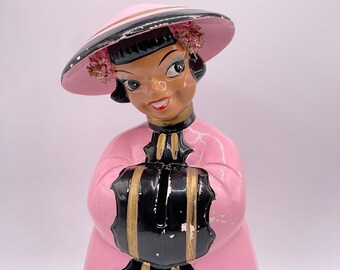 Vintage Kreiss and Company Asian Lady Bank Confucius Say Save a Few Coins Everyday Pink and Black Mid Century MCM piggy bank collectible