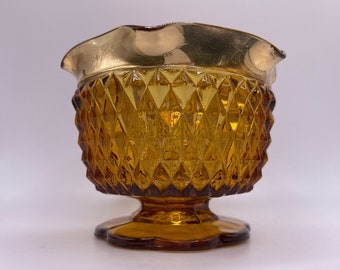 Gold Detail Diamond Point Amber  Glass Bon Bon Bowl, Vintage Indiana Glass Candy Dish