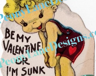Digital Download Vintage Valentine Swimming Girl Clip Art