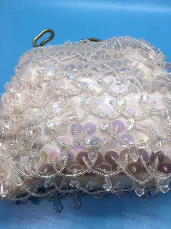 White Sequined Purse - 1960's Beaded Vintage Even… - image 8