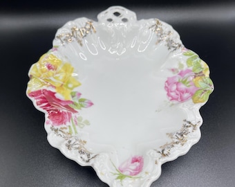 Antique Hand-Painted Porcelain Trinket Dish | Pink & Yellow Roses, Gold Trim | Leaf-Shaped Ruffled Edge | Small Pin Dish, Made in Germany