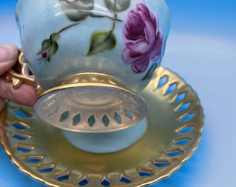 Vintage Rose Tea Cup Blue and Gold Cup