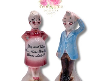 Retro Enesco Salt & Pepper Shakers - Expecting Couple - 'One More Time for Old Times Sake' - Vintage Kitchen Collectibles