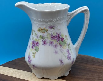 Hand Painted Purple Floral Cream Pitcher Carl Tielsch (CT) Altwasser Silesia Eagle Stamp