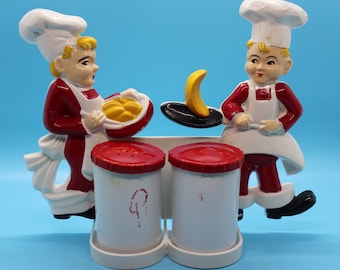 1940's Tremax Chef Salt and Pepper Wall Hanging Set