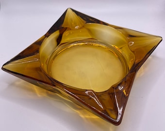 Vintage Amber Glass Ashtray 6” Square Mid-Century Modern
