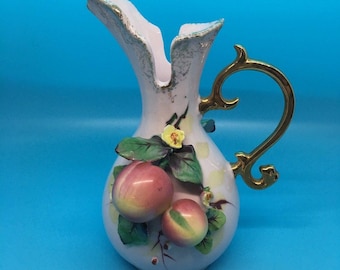 Vintage Geo. Z. Lefton Peach Fruit Pitcher/Vase, Hand Painted Mid-Century Japan,
