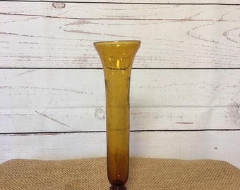 Vintage Amber Glass Bud Vase - Hand Blown Etched Floral Design - Home Decor Accent