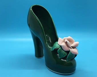 Vintage Dark Green Ceramic High Heel Shoe Planter with Pink Rose | Cottagecore, Mid-Century Decor