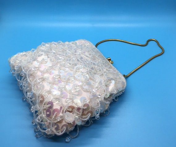 White Sequined Purse - 1960's Beaded Vintage Even… - image 1