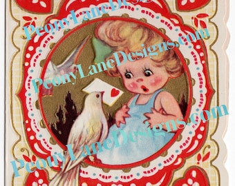Digital Download Vintage Girl with Bird Valentine Clip Art