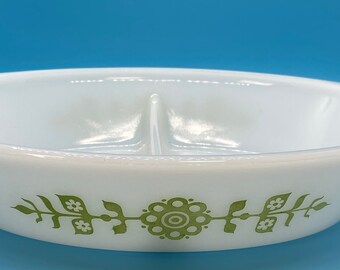 Vintage Milk Glass Casserole - Green and White