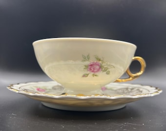 Vintage HMS Royal Hanover Teacup and Saucer Set, Bavaria Germany, Pink Rose Gold Filigree, Scalloped Tea Cup Gift