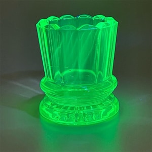 Vintage Uranium Vaseline Glass Beaded Scalloped Toothpick Holder 1900-1919