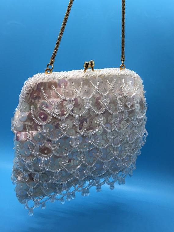 White Sequined Purse - 1960's Beaded Vintage Even… - image 7