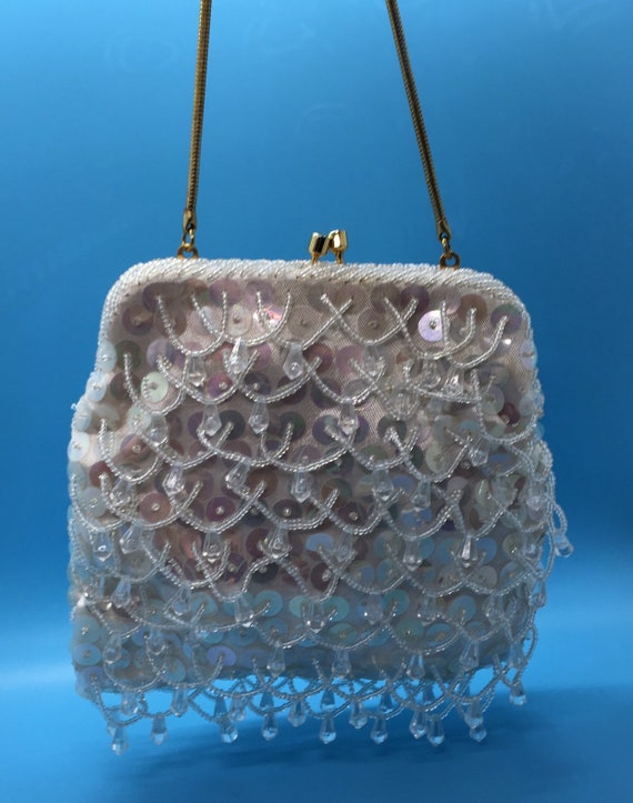 White Sequined Purse - 1960's Beaded Vintage Even… - image 2