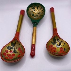 3 Vintage Hand-painted Russian Khokhloma spoons/ lacquerware / folk art / traditional Russian