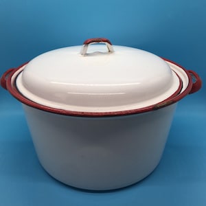 Vintage Enamelware Cooking Pot - Red & White Enamelware - Vintage Home Aesthetic