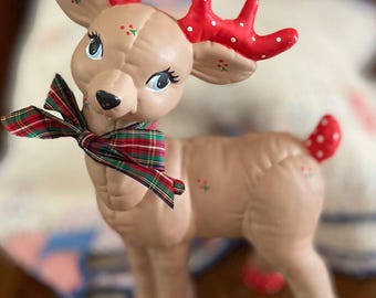 Vintage Kimple Ceramic Reindeer Figurine |Retro Hand-Painted MCM Kitschmas Deer
