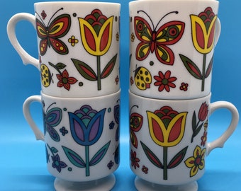 1970s Flowers & Butterfly Vintage Mugs- So Groovy!