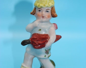 Vtg Occupied Japan Figurine Little Girl with Umbrella and Dog Hand Painted Porcelain 1940s Post-War Collectible MIOJ