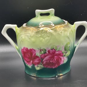Antique Bavaria American Beauty Sugar Bowl with Lid – Hand Painted Roses & Gold Gilt Porcelain, Vintage German Pottery