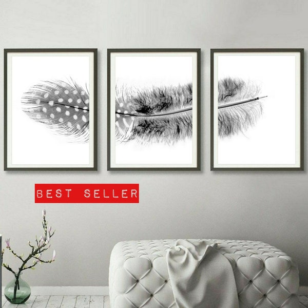 Printable 3 Set Feather Photography Prints ~ Downloadable Black And White Artworks ~ Nature Wall Art ~ Monochrome Decor Digital Downloads