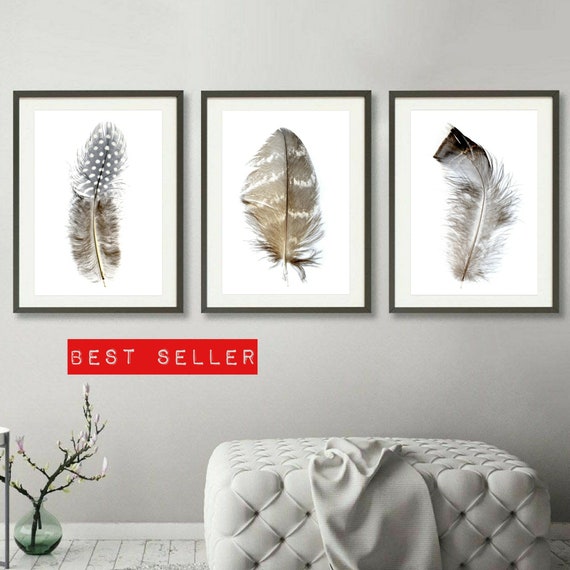 Feather Printable 3 Set Instant Bohemian Wall Art Rustic | Etsy Australia