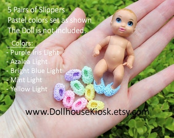Baby Doll Shoes - 5 Pairs of Slippers - for Baby Doll as Shown - Pastel Colors Set
