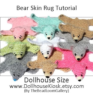May include: A tutorial for crocheting miniature bear skin rugs in various colours, including pink, green, brown, white, and grey. The rugs are dollhouse sized and are available for purchase on Etsy.