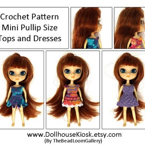 May include: Crochet pattern for mini Pullip size tops and dresses. The pattern includes three different designs: a purple dress, a blue and purple dress, and a pink and orange dress.
