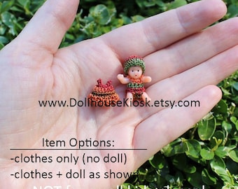 Micro Baby Doll (1 Inch) with Handmade Crochet Dress, Onesie & Hat Set – Choose Doll with Outfit or Clothes Only