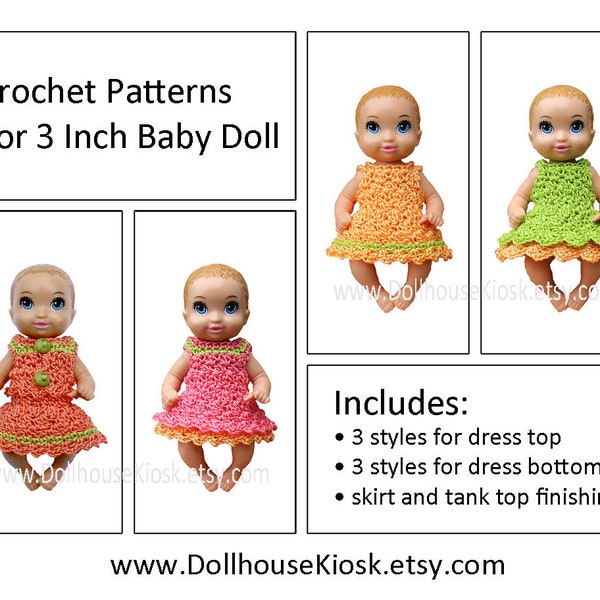 Crochet Pattern - Miniature Doll Size Dresses and Tank Tops - Fit 3 Inch Barbie Skipper Babysitters Baby Doll - PDF File