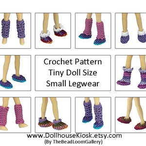 May include: Crochet pattern for tiny doll size legwear, including boots and leggings in various colors. The pattern is available for purchase on Etsy at www.DollhouseKiosk.etsy.com (By TheBeadLoomGallery).