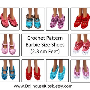 May include: Crochet pattern for Barbie size shoes (2.3 cm feet). The image shows 10 pairs of shoes in various colors, including pink, red, blue, and white.