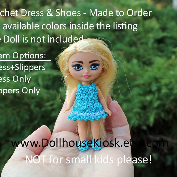 Doll Clothes - Crochet Dress and Shoes - Made to Order - Pick Your Color - Fits 3.25 Inch Doll as Shown