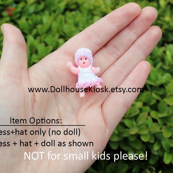 Mini Baby Doll Set as Shown - 1.25 inch Baby Figurine, Dress & Hat- Dollhouse Size