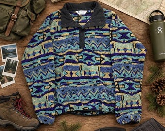 Rare Vintage Columbia Men's M Fleece Snap Pullover Aztec Pattern Made in USA