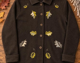 Vintage Leslie Fay Sport Women’s Fall Brown Embroidered Leaf Button Jacket - L