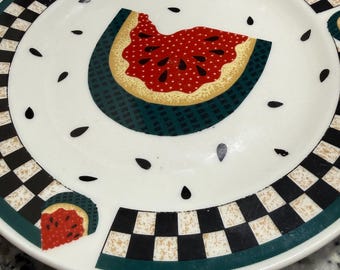 Tabletops Unlimited Fresh Watermelon Checkered Rim 8in Ceramic Plate Round